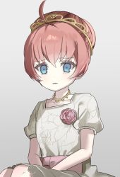 Rule 34 | 1girl, bang dream!, blue eyes, collarbone, flower, formal, frown, grey background, ground pound (gupaaaa), hair bun, jewelry, necklace, open mouth, puffy short sleeves, puffy sleeves, red hair, rose, short sleeves, single hair bun, solo, tamade chiyu, tiara, upper body