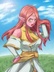 Rule 34 | 1girl, alto (natsusansai), blue sky, breasts, chronoa, circlet, colored skin, detached sleeves, dragon ball, dragon ball heroes, dragon ball xenoverse, earrings, grass, hand in own hair, hand on own hip, highres, jewelry, large breasts, long hair, open mouth, pink hair, pink skin, pointy ears, potara earrings, sky, solo, upper body, yellow eyes