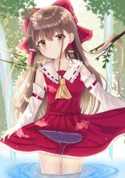 Rule 34 | 1girl, :o, ascot, bad id, bad pixiv id, blurry, blush, bow, branch, brown eyes, brown hair, clothes lift, collarbone, commentary, cowboy shot, dappled sunlight, day, depth of field, detached sleeves, hair bow, hair tubes, hakurei reimu, head tilt, highres, lifted by self, light blush, long hair, looking at viewer, nibosi, outdoors, petticoat, red skirt, red vest, ribbon-trimmed sleeves, ribbon trim, skirt, skirt lift, solo, standing, sunlight, thigh gap, touhou, very long hair, vest, wading, water, waterfall, wet, wet clothes, yellow ascot