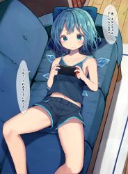 Rule 34 | 1girl, absurdres, alternate costume, bare arms, bare legs, bare shoulders, black shorts, blue bow, blue eyes, blue hair, bow, camisole, cirno, closed mouth, collarbone, contemporary, couch, from above, hair bow, highres, ice, ice wings, indoors, light smile, lying, mamemochi, midriff, navel, nintendo switch, on back, short hair, shorts, solo, touhou, translation request, wings, wooden floor