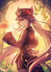 Rule 34 | 1girl, anbe yoshirou, black nails, brown hair, bush, chinese clothes, closed mouth, floating hair, flower, genshin impact, hair between eyes, hat, hat flower, highres, holding, holding flower, hu tao (genshin impact), leaf, light particles, long hair, long sleeves, looking at viewer, looking back, nail polish, porkpie hat, red eyes, sidelocks, signature, solo, spider lily, symbol-shaped pupils, tassel, twintails, very long hair, vision (genshin impact), wide sleeves