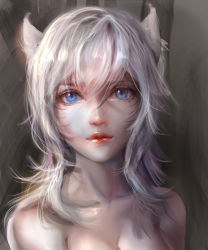 Rule 34 | 1girl, ahri (league of legends), albino, animal ears, blue eyes, breasts, cleavage, closed mouth, collarbone, facepaint, female focus, fox ears, hair between eyes, highres, league of legends, light smile, lips, long hair, looking at viewer, portrait, red lips, sangrde, silver hair, slit pupils, small breasts, solo, topless frame
