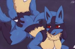 Rule 34 | 1boy, 1girl, all fours, animal ears, ass, ass grab, blush, breasts, cooliehigh, creatures (company), fang, furry, game freak, gen 4 pokemon, half-closed eyes, hetero, highres, kneeling, large breasts, looking back, looking to the side, lucario, nintendo, nipples, nude, open mouth, pokemon, pokemon (creature), pokemon dppt, red eyes, sex, sharp teeth, signature, simple background, smile, tail, teeth, text focus, vaginal, wolf ears