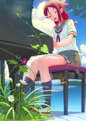 Rule 34 | 1girl, black socks, bug, butterfly, closed eyes, cloud, commentary request, contrail, day, flower, grey sailor collar, grey skirt, hair ornament, hairclip, half updo, insect, instrument, long hair, love live!, love live! sunshine!!, miniskirt, morning glory, music, neckerchief, open mouth, outdoors, piano, piano bench, plant, playing instrument, playing piano, pleated skirt, poligon (046), red hair, red neckerchief, round teeth, sailor collar, sakurauchi riko, school uniform, shoes, short sleeves, singing, sitting, skirt, socks, solo, teeth, upper teeth only, uwabaki