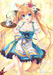 Rule 34 | 1girl, ameto yuki, animal ears, blue eyes, blush, breasts, choker, cleavage, dirndl, flower, german clothes, hair flower, hair ornament, highres, large breasts, long hair, open mouth, orange hair, original, puffy short sleeves, puffy sleeves, short sleeves, solo, tail, tray, twintails, very long hair, wolf ears, wolf tail