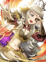 Rule 34 | 1girl, black feathers, blonde hair, bodystocking, book, breasts, circlet, cleavage, detached collar, feathers, fire emblem, fire emblem fates, fire emblem heroes, grey eyes, hair ornament, highres, hip armor, holding, holding book, long hair, looking at viewer, medium breasts, navel, nintendo, o-ring, official alternate costume, ophelia (fire emblem), pantyhose, pelvic curtain, pochi (furaigonn), puffy sleeves, shoulder pads, smile, solo, swept bangs, teeth