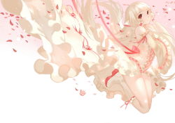 Rule 34 | 00s, 1girl, boots, bow, brown eyes, chii, chobits, detached sleeves, dress, frilled sleeves, frills, full body, gradient background, hair tubes, joseph lee, legs folded, long dress, long hair, looking at viewer, parted lips, petals, pink ribbon, platinum blonde hair, red eyes, ribbon, robot ears, silver hair, simple background, solo, thighs, very long hair, white dress, white footwear, wide sleeves, wind