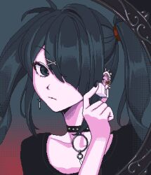Rule 34 | 1girl, ame-chan (needy girl overdose), black eyes, black hair, black nails, black shirt, choker, close-up, commentary, dithering, ear piercing, ear piercing gun, earrings, eencya, expressionless, goth fashion, hair ornament, hair over one eye, hair tie, hairclip, jewelry, medium hair, mirror, needy girl overdose, pale skin, piercing, pixel art, shirt, studded choker, symbol-only commentary, twintails, x hair ornament