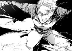 Rule 34 | 1boy, absurdres, belt, blood, blood on clothes, closed mouth, collared shirt, dress shirt, dust, fighting stance, full body, greyscale, highres, holding, holding sword, holding weapon, jujutsu kaisen, looking at viewer, male focus, monochrome, mrc-k, nanami kento, pants, round eyewear, shirt, shoes, short hair, sleeves rolled up, solo, sunglasses, sword, weapon