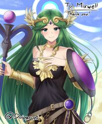 Rule 34 | 1girl, alternate color, ancient greek clothes, armlet, artist name, bare shoulders, black dress, blue halo, breasts, chain, chiton, circlet, cleavage, collarbone, commission, doiparuni, dress, forehead jewel, gold chain, green eyes, green hair, halo, hand on own chest, highres, holding, holding staff, jewelry, kid icarus, kid icarus uprising, large breasts, long hair, neck ring, nintendo, official alternate costume, outdoors, palutena, parted bangs, pendant, shield, smile, solo, staff, strapless, strapless dress, super smash bros., twitter username, vambraces, very long hair