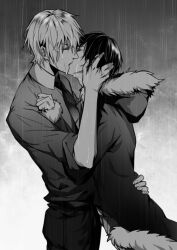 Rule 34 | 2boys, black hair, blonde hair, closed eyes, collared shirt, commentary, durarara!!, facing another, from side, fur-trimmed jacket, fur trim, greyscale, haloggz, heiwajima shizuo, jacket, kiss, looking at another, male focus, monochrome, multiple boys, orihara izaya, profile, rain, shirt, short hair, upper body, wet, wet clothes, wet hair, yaoi