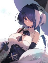 Rule 34 | 1girl, arknights, bare shoulders, breasts, cleavage, closed mouth, detached sleeves, expressionless, eyepatch, fur, gloves, hair ornament, hair over one eye, highres, holding, holding umbrella, looking at viewer, medical eyepatch, medium hair, off shoulder, parasol, parted lips, purple eyes, purple hair, sanukiske, simple background, snowflakes, solo, umbrella, whisperain (arknights), white background, x hair ornament