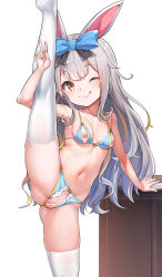 Rule 34 | 1girl, animal ears, blue bra, blue panties, bra, breasts, censored, closed mouth, collarbone, crotchless, crotchless panties, grey hair, hair ribbon, highres, konnyaku (kk-monmon), licking lips, long hair, looking at viewer, medium breasts, mochizuki himari, navel, nippleless clothes, nipples, one eye closed, panties, rabbit ears, ribbon, skindentation, smile, solo, split, standing, standing on one leg, standing split, thighhighs, tongue, tongue out, underwear, uni create, v, virtual youtuber, white background, white thighhighs, yellow eyes