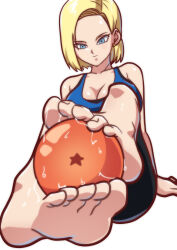 Rule 34 | 1girl, absurdres, android 18, barefoot, blonde hair, blue eyes, blush, bob cut, breasts, cleavage, closed mouth, dragon ball, dragon ball (object), dragonball z, earrings, etzelin, feet, female focus, full body, highres, hoop earrings, jewelry, large breasts, legs, light blush, medium hair, simple background, sitting, sleeveless, solo, thighs, toes, white background