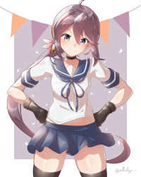 Rule 34 | 1girl, ahoge, akebono (kancolle), akebono kai ni (kancolle), arthur ko, bell, belt, black thighhighs, blue eyes, blue sailor collar, blue skirt, choker, commentary request, cowboy shot, flower, gloves, hair bell, hair flower, hair ornament, hands on own hips, highres, jingle bell, kantai collection, long hair, looking at viewer, navel, pleated skirt, purple hair, sailor collar, school uniform, serafuku, short sleeves, side ponytail, skirt, solo, string of flags, thighhighs, two-tone background, very long hair