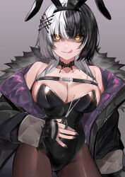 Rule 34 | 1girl, :q, absurdres, alternate costume, animal ears, bare shoulders, black choker, black jacket, black leotard, black nails, black pantyhose, breasts, chest strap, choker, cleavage, collarbone, commentary, cowboy shot, english commentary, evil smile, fake animal ears, fingernails, fur-trimmed jacket, fur trim, grey background, hair ornament, highres, holding, holding scissors, hololive, hololive english, jacket, kouhiipan, large breasts, leotard, looking at viewer, medium hair, multicolored hair, nail polish, pantyhose, playboy bunny, rabbit ears, scissors, sharp fingernails, shiori novella, simple background, smile, solo, split-color hair, streaked hair, tongue, tongue out, virtual youtuber, yellow eyes