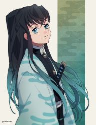 Rule 34 | 1boy, aged up, alternate hairstyle, alternate universe, aqua eyes, aqua hair, belt, black hair, closed mouth, commentary request, dalc rose, demon slayer uniform, egasumi, from side, gradient hair, haori, highres, japanese clothes, katana, kimetsu no yaiba, leaning back, long hair, long sleeves, looking at viewer, male focus, multicolored hair, smile, solo, sword, tokitou muichirou, twitter username, two-tone hair, upper body, weapon
