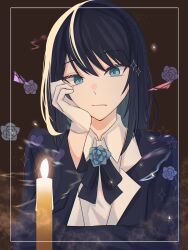 Rule 34 | 1girl, absurdres, ado (utaite), black bow, black bowtie, black hair, black jacket, blue eyes, blue flower, blue hair, blue rose, bow, bowtie, candle, chando (ado), closed mouth, cloud nine inc, collared shirt, colored inner hair, commentary request, dress shirt, flower, gloves, hair between eyes, head rest, highres, jacket, long sleeves, looking at viewer, multicolored hair, rose, shirt, solo, tsukuno tsuki, two-tone hair, upper body, utaite, white gloves, white shirt