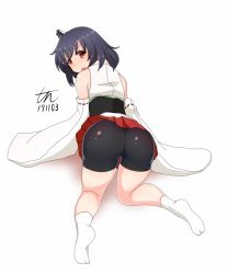 Rule 34 | 1girl, all fours, ass, bike shorts, black hair, black shorts, detached sleeves, from behind, hair ornament, japanese clothes, kantai collection, looking at viewer, looking back, nontraditional miko, pleated skirt, red eyes, red skirt, short hair, shorts, simple background, skirt, socks, solo, tun, white background, white socks, wide sleeves, yamashiro (kancolle)