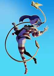 Rule 34 | 1girl, absurdres, alternate costume, blue background, blue hair, blue skin, colored skin, drawstring, full body, hair over one eye, highres, jacket, leviathan (skullgirls), looking at viewer, midriff, navel, neko mata g, red eyes, revision, side ponytail, skeletal arm, skullgirls, smile, solo, squigly (skullgirls), stitched mouth, stitches, striped clothes, striped thighhighs, thighhighs, zombie