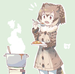 Rule 34 | 10s, 1girl, book, brown coat, brown eyes, brown hair, coat, cowboy shot, curry, curry rice, eating, eurasian eagle owl (kemono friends), food, fur collar, head wings, highres, holding, holding plate, holding spoon, kemono friends, long sleeves, open mouth, pantyhose, pile of books, plate, pot, rice, solo, spoon, steam, uepon (shimo ponzu), white pantyhose, wings