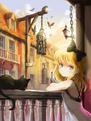 Rule 34 | 1girl, bird, black cat, blonde hair, bow, cage, cat, chain, crow, grey eyes, hair bow, highres, long hair, skeleton, smile, solo, ume (illegal bible)