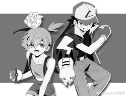 1boy 1girl :d ash_ketchum asymmetrical_hair baseball_cap belt creatures_(company) denim eyelashes fingerless_gloves game_freak gen_1_pokemon gen_2_pokemon gloves gym_leader hair_between_eyes hat holding holding_poke_ball jacket long_hair looking_at_viewer misty_(pokemon) monochrome navel nintendo on_head open_mouth pants pikachu poke_ball poke_ball_(basic) pokemon pokemon_(anime) pokemon_(classic_anime) pokemon_(creature) pokemon_on_head pokemon_rgby ponytail shirt short_hair short_shorts short_sleeves shorts side_ponytail signature sleeveless sleeveless_shirt smile suspenders tank_top teeth togepi tongue