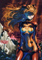 Rule 34 | 00s, 1girl, blue eyes, bodysuit, breasts, copyright name, covered navel, evangelion: 2.0 you can (not) advance, hair over one eye, hairpods, interface headset, long hair, multicolored bodysuit, multicolored clothes, neon genesis evangelion, orange hair, plugsuit, rebuild of evangelion, skin tight, small breasts, solo, souryuu asuka langley, standing, tama (tama sphere), test plugsuit, wind