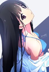 Rule 34 | 1girl, bikini, black hair, blue bikini, breasts, cleavage, clothes lift, commentary, highres, inoue takina, looking at viewer, lycoris recoil, medium breasts, nii manabu, purple eyes, shirt, simple background, solo, swimsuit, white shirt
