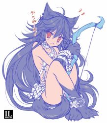 Rule 34 | &gt;:o, 10s, 1girl, :o, ahoge, animal ears, bare shoulders, blue hair, bound, bound legs, bound wrists, bow (weapon), breasts, chain, choker, claws, collarbone, crescent, fang, fenrir (shingeki no bahamut), full body, granblue fantasy, hair between eyes, jewelry, long hair, mitha, necklace, open mouth, red eyes, shingeki no bahamut, sideboob, simple background, sitting, small breasts, solo, tail, text focus, tied up, v-shaped eyebrows, very long hair, weapon, white background, wolf ears, wolf paws, wolf tail
