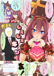 Rule 34 | 1boy, 2girls, puff of air, ahoge, animal ears, black hairband, blue eyes, blue ribbon, blush, bow, brown hair, closed mouth, clothing cutout, commentary, ear ornament, frilled cuffs, frilled sleeves, frills, full-face blush, fume, gift, hair ribbon, hairband, heart, heart hands, highres, hituzininareta, horse ears, horse girl, long hair, looking at another, looking at viewer, mihono bourbon (code:glassage) (umamusume), mihono bourbon (umamusume), moe moe kyun!, multiple girls, official alternate costume, open mouth, outside border, pleated skirt, purple sailor collar, purple shirt, purple skirt, ribbon, sailor collar, school uniform, serafuku, shirt, short sleeves, shoulder cutout, skirt, smile, sparkle, standing, tosen jordan (umamusume), tracen school uniform, trainer (umamusume), translation request, twintails, umamusume, valentine, white bow