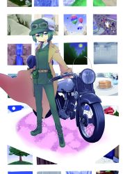 Rule 34 | 00s, 1girl, androgynous, artist request, goggles, green hair, hat, hermes (kino no tabi), highres, holster, kino (kino no tabi), kino no tabi, motor vehicle, motorcycle, short hair, solo, tagme, vehicle