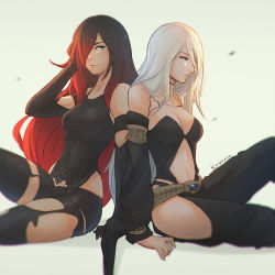 Rule 34 | 2girls, a2 (nier:automata) (cosplay), belt, black thighhighs, blue eyes, breasts, cleavage, cosplay, costume switch, crossover, crow (gravity daze), crow (gravity daze) (cosplay), detached sleeves, drag-on dragoon, gravity daze, hair over one eye, koyorin, large breasts, long hair, medium breasts, multiple girls, navel, nier:automata, nier (series), red hair, sitting, smile, thighhighs, very long hair, white hair, a2 (nier:automata)