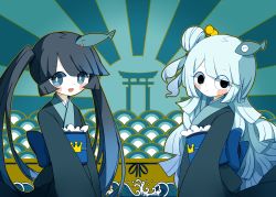 Rule 34 | 2girls, :/, :d, ^ ^, black eyes, black hair, blue eyes, blue hair, blush, closed eyes, closed mouth, fish hair ornament, funamusea, gradient hair, hair bun, hair ornament, hairpin, head tilt, highres, japanese clothes, kimono, long hair, looking at viewer, mikotsuhime, mikotsuhime (funamusea), multicolored hair, multiple girls, obi, oounabara to wadanohara, open mouth, outline, sash, siblings, silhouette, single hair bun, sisters, smile, swept bangs, torii, twintails, uomihime, very long hair, wicky (wickymew)
