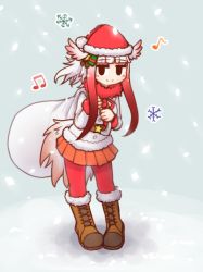 Rule 34 | 1girl, alternate costume, aticotta, black eyes, blunt bangs, blush, boots, brown footwear, christmas, closed mouth, cross-laced footwear, full body, hat, head wings, japanese crested ibis (kemono friends), kemono friends, knee boots, lace-up boots, looking at viewer, medium hair, musical note, no gloves, orange skirt, pantyhose, pleated skirt, red hair, red hat, red pantyhose, santa costume, santa hat, sidelocks, skirt, smile, snowflakes, solo, white hair, wings