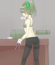 Rule 34 | 10s, 1girl, ass, back, bra, breasts, dimples of venus, flat chest, from behind, gloves, green bra, green panties, holding, holding screwdriver, kantai collection, lace, lace-trimmed panties, lace trim, looking at viewer, looking back, panties, panties under pantyhose, pantyhose, ponytail, ribbon, screwdriver, small breasts, solo, standing, table, thighband pantyhose, underwear, underwear only, yuubari (kancolle), yuugremusi, yuugure mushi
