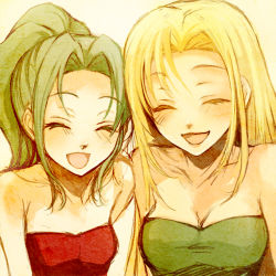 Rule 34 | 1990s (style), 2girls, bare shoulders, blonde hair, blush, breasts, celes chere, cleavage, closed eyes, female focus, final fantasy, final fantasy vi, green hair, hanarin, happy, leotard, long hair, multiple girls, open mouth, ponytail, smile, tina branford