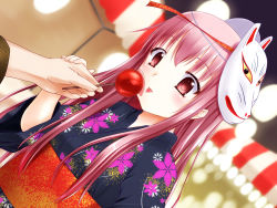 Rule 34 | 1girl, absurdres, alternate costume, blurry, candy apple, depth of field, dutch angle, festival, floral print, food, fox mask, hata no kokoro, highres, holding hands, japanese clothes, kimono, long hair, mask, obi, out of frame, own hands together, pink eyes, pink hair, sash, sidelocks, solo, solo focus, tongue, tongue out, touhou, tsujimoto nao, yukata