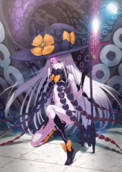 Rule 34 | 1girl, abigail williams (fate), abigail williams (third ascension) (fate), black gloves, black legwear, black panties, bow, bowtie, fate/grand order, fate (series), gloves, green322, hat, hat bow, highres, key, keyhole, long hair, navel, on one knee, oversized object, pale skin, panties, polka dot, polka dot bow, puppet, red eyes, revealing clothes, solo, suction cups, tentacles, third eye, underwear, very long hair, white hair, witch hat