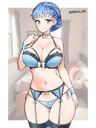 Rule 34 | 1girl, absurdres, bare arms, bare shoulders, blue bra, blue choker, blue hair, blue panties, bra, braid, breasts, choker, cleavage, commentary request, cowboy shot, crown braid, curvy, fire emblem, fire emblem: three houses, garter belt, grey eyes, highres, indoors, jarckius, large breasts, marianne von edmund, navel, nintendo, panties, short hair, solo, standing, stomach, thick thighs, thighhighs, thighs, underwear, wide hips, wristband
