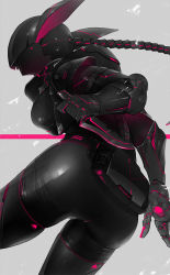 Rule 34 | 1girl, armor, ass, bodysuit, breasts, dagger, dark skin, echanis enicha, from behind, from below, grey background, helmet, holding, holding dagger, holding knife, holding weapon, huge ass, knife, medium breasts, ninja, original, reverse grip, shiny clothes, simple background, skin tight, solo, thighhighs, weapon