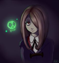 Rule 34 | 10s, 1girl, brown hair, felldew, hair over one eye, highres, little witch academia, long hair, looking at viewer, purple background, red eyes, signature, simple background, skull, smile, solo, sucy manbavaran, witch