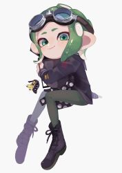 Rule 34 | 1girl, black leggings, closed mouth, creatures (company), eyewear on head, game freak, gen 3 pokemon, green eyes, green hair, highres, hugging object, inkling player character, charm (object), leggings, looking at viewer, mawile, nintendo, octoling, octoling girl, octoling player character, pokemon, pokemon (creature), short hair, simple background, sitting, smile, splatoon (series), splatoon 2, white background