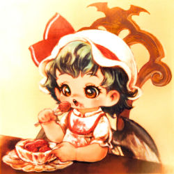 Rule 34 | aqua hair, bad id, bad pixiv id, bat wings, bib, brown eyes, commentary, eating, food, food on face, fork, fruit, hat, remilia scarlet, short hair, souri, strawberry, touhou, wings, aged down