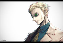 Rule 34 | 1boy, artist name, blonde hair, blue shirt, brown necktie, closed mouth, collared shirt, commentary request, formal, from side, grey jacket, grey suit, jacket, jujutsu kaisen, k-suwabe, letterboxed, looking at viewer, male focus, nanami kento, necktie, serious, shirt, short hair, simple background, solo, suit, sunglasses, upper body, white background