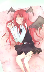 1girl bad_id bad_pixiv_id blush demon_wings head_wings highres koakuma long_hair mickeysmith red_hair sleeping solo touhou wings