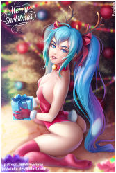 Rule 34 | 1girl, alternate hair color, antlers, artist name, ass, bell, blue hair, blurry, bow, box, breasts, choker, christmas ornaments, christmas tree, depth of field, deviantart username, from side, fur-trimmed gloves, fur trim, gift, gloves, hair bow, hair ribbon, hatsune miku, holding, holding box, holding gift, horns, indoors, leotard, long hair, looking at viewer, md5 mismatch, medium breasts, merry christmas, neck bell, parted lips, patreon username, playboy bunny, prywinko, rabbit tail, red bow, red choker, red gloves, red leotard, red ribbon, red thighhighs, revision, ribbon, sitting, snowflake print, solo, tail, teeth, thighhighs, very long hair, vocaloid, wariza, watermark, web address