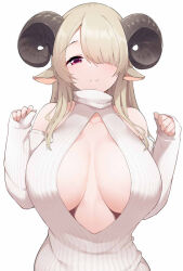 Rule 34 | 1girl, animal ears, black horns, breasts, cleavage, cleavage cutout, closed mouth, clothing cutout, curled horns, hair over one eye, half-closed eyes, horns, indie virtual youtuber, inori marie, large breasts, long hair, long sleeves, looking at viewer, red eyes, sheep ears, sheep girl, sheep horns, simple background, sleeves past wrists, smile, solo, sweater, terazip, turtleneck, turtleneck sweater, virtual youtuber, white background, white sweater
