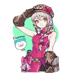 Rule 34 | 1girl, bare shoulders, bow, braid, breasts, fire emblem, fire emblem engage, framme (fire emblem), gloves, grey hair, hat, hat bow, long hair, looking at viewer, nintendo, pink bow, scarf, silvercandy gum, simple background, single braid, sleeveless, small breasts, smile, solo, sommie (fire emblem), yellow eyes
