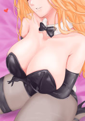 Rule 34 | 1girl, absurdres, arms under breasts, bed sheet, black bow, black bowtie, black leotard, black pantyhose, blonde hair, bow, bowtie, breasts, cleavage, collarbone, detached collar, elbow gloves, gloves, head out of frame, heart, high heels, highres, kueru 1285, large breasts, leotard, light smile, mole, mole under mouth, original, pantyhose, playboy bunny, thick thighs, thigh strap, thighs